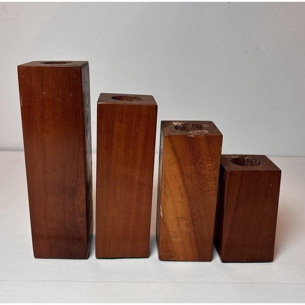 Vintage Wood Taper Candle Holders Set of 4 Graduated Square Block MCM Decor